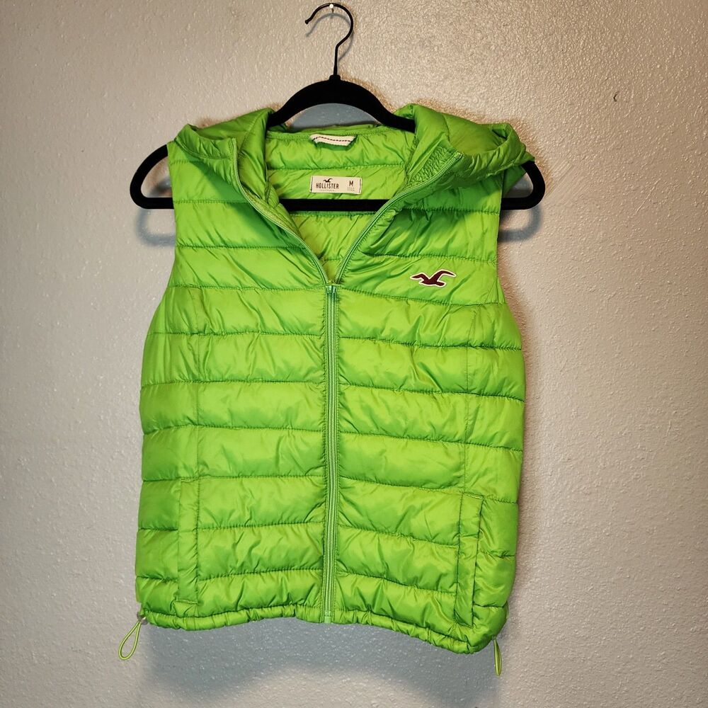 Hollister Lime Green Hooded Puffer Vest Embroidered Seagull Logo Size Medium